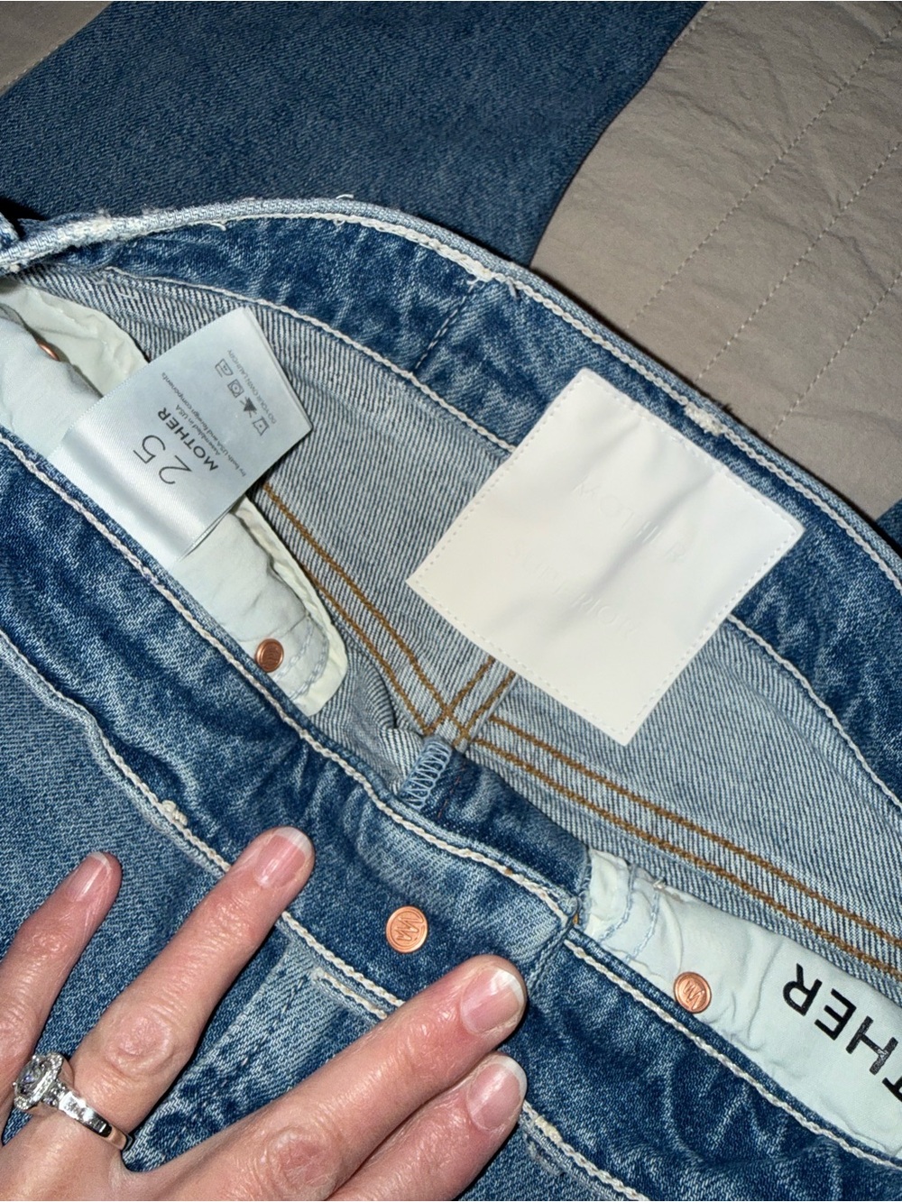 MOTHER High-Rise Blue Denim Jeans with Copper Hardware